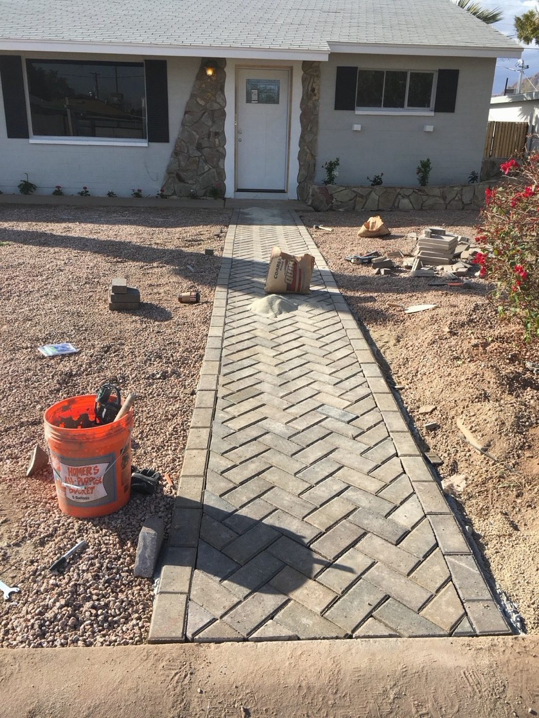 Finished herringbone paver walkway